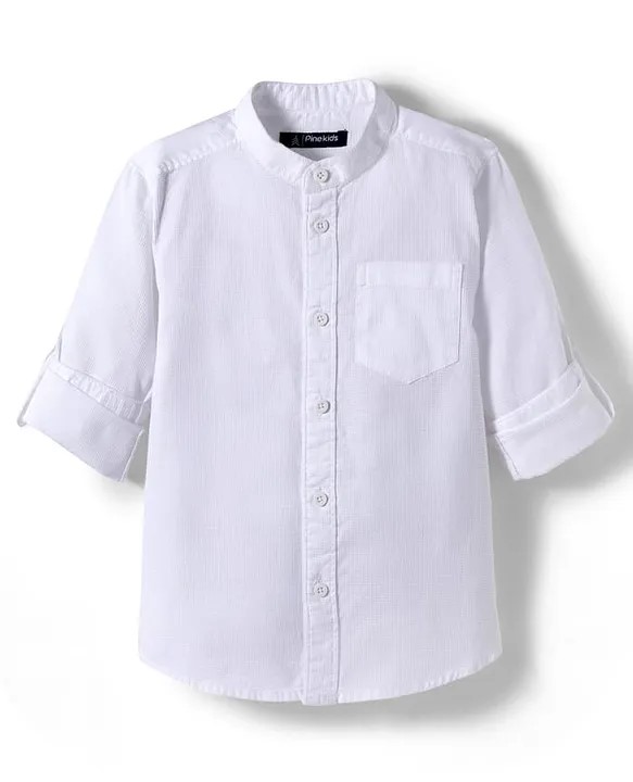 Pine Kids Cotton Woven Full Sleeves Solid Colour Kurta Style Shirt - White